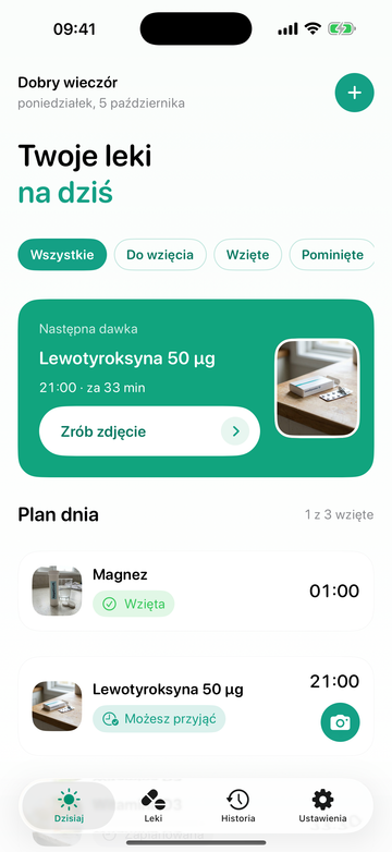 Ekran Dzisiaj w Lekobudziku: następna dawka, przycisk Zrób zdjęcie i plan dnia.